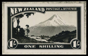 NEW ZEALAND: 1935-36 3/- Mount Egmont (SG.569) contemporaneous enlarged photographic proofs in three stages, marked in pencil on reverse as "original" (denominated at 1/-, 78x123mm), "as amended" (3/-, 84x132mm), or "as issued" (3/-, 78x125mm), the issued design varying from the amended design by having vertical shading instead of horizontal shading on the mountain. (3)