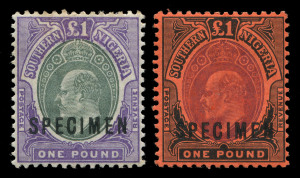 NIGERIA: SOUTHERN NIGERIA: 1903-04 (SG.20s) and 1907-11 (SG.44s) £1 green & violet and £1 purple & black on red. Edward VII high value definitives overprinted SPECIMEN, (2), lightly mounted with o.g.