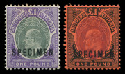 NIGERIA: SOUTHERN NIGERIA: 1903-04 (SG.20s) and 1907-11 (SG.44s) &pound;1 green & violet and &pound;1 purple & black on red. Edward VII high value definitives overprinted SPECIMEN, (2), lightly mounted with o.g.&nbsp;