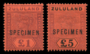 SOUTH AFRICA - Provinces: ZULULAND: 1894-96 (SG.28s & 29s) £1 and £5 Queen Victoria high value definitives, overprinted SPECIMEN, fresh, with o.g. (2). Cat.£600 approx.