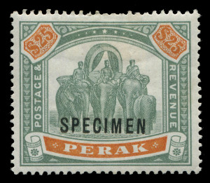 MALAYA: PERAK: 1899 (SG.80s) $25 green & orange, SPECIMEN overprint, o.g.; cpl of nibbed perfs at top. Cat.£450.