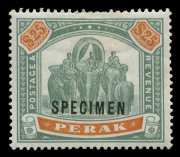 MALAYA: PERAK: 1899 (SG.80s) $25 green & orange, SPECIMEN overprint, o.g.; cpl of nibbed perfs at top. Cat.&pound;450.