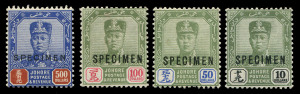 MALAYA: JOHORE: 1922-26 (SG.125-128s) Sultan Sir Ibrahim $10, $50, $100 and $500 overprinted SPECIMEN, (4) fine & fresh hinged with gum. Cat.£2000+.