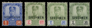 MALAYA: JOHORE: 1922-26 (SG.125-128s) Sultan Sir Ibrahim $10, $50, $100 and $500 overprinted SPECIMEN, (4) fine & fresh hinged with gum. Cat.&pound;2000+.