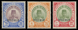 MALAYA: TRENGGANU: 1921-41 (SG.45s, 46s & 47s) $25, $50 & $100 Sultan Suleiman high values, overprinted SPECIMEN, fine & fresh lightly mounted with gum. Cat.£2025. An exceptional set. (3).