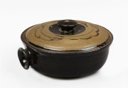 HAROLD HUGHAN studio pottery lidded pot, signed "Hughan" with Glen Iris monogram, 30cm across the handles