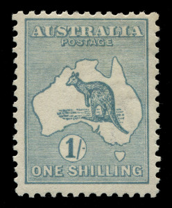 AUSTRALIA: Kangaroos - Second Watermark: 1/- Green (Aniline), well centred mint; BW:31E - Cat $4,000. Drury Certificate (2017). Rare.