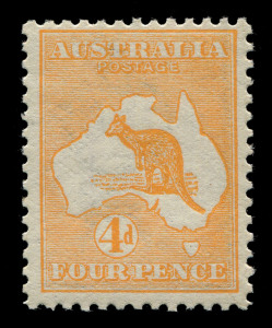AUSTRALIA: Kangaroos - First Watermark: 4d Orange (Aniline), very fresh MUH; BW:15B - Cat $2,250. Drury Certificate (2017).