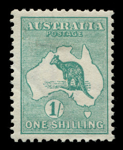 AUSTRALIA: Kangaroos - First Watermark: 1/- Green (Aniline), faint gum bends, mint; BW:30B - Cat. $1750. Drury Certificate (2017).