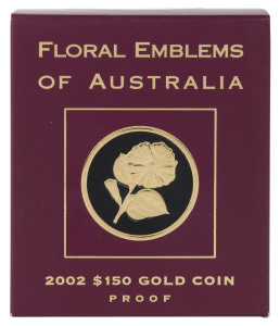 ONE HUNDRED & FIFTY DOLLARS: 2002 $150 'Floral Emblems of Australia' (Sturt's Desert Rose) proof containing ½oz (15.55gr) of 24ct gold (99.99%), in presentation box with certificate.