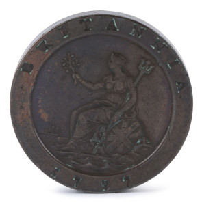 Coins - Australia: Proclamation Coins: 1797 King George III One Penny 'Cartwheel' (minted value 2d), about VF. Rare at this grade.