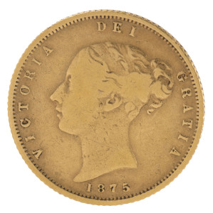 Coins - Australia: Half Sovereigns: QUEEN VICTORIA YOUNG HEAD: 1875(S), g/Fine, reverse a little better.