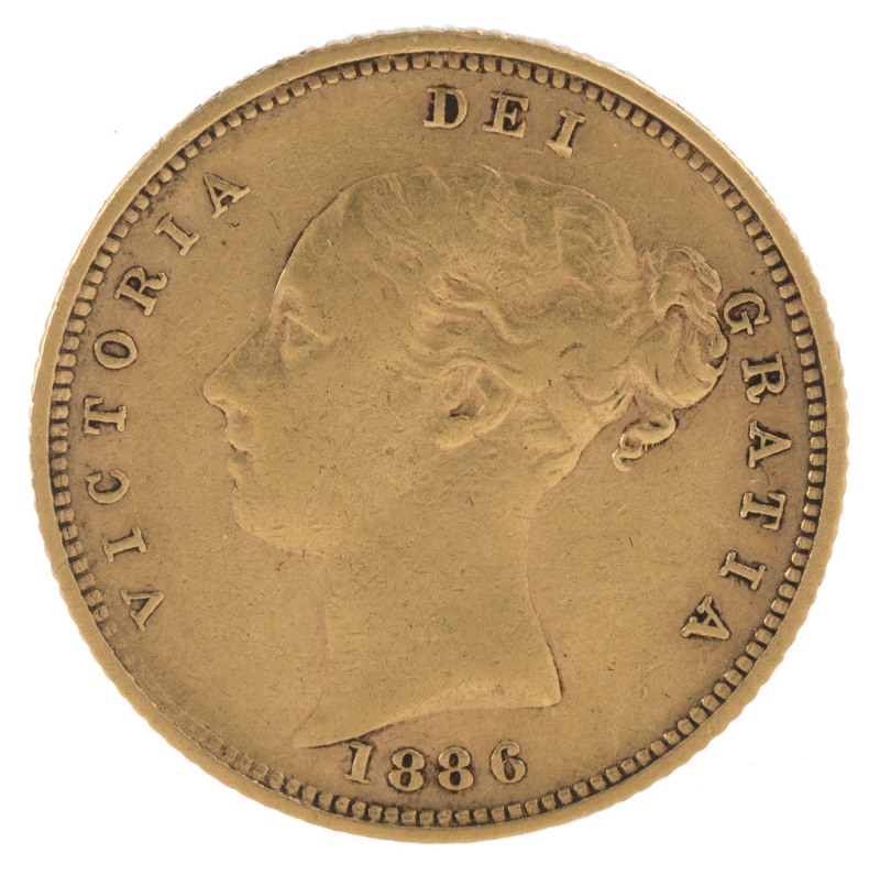 Coins - Australia: Half Sovereigns: QUEEN VICTORIA YOUNG HEAD: 1886(M), mintage 38,000. aVF. Very scarce.