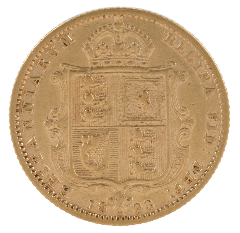 Coins - Australia: Half Sovereigns: QUEEN VICTORIA JUBILEE HEAD/SHIELD: 1893(M), aFine.