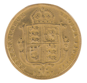 Coins - Great Britain: HALF SOVEREIGN: 1887 QV Jubilee Head/Shield, KM #766, aFine.