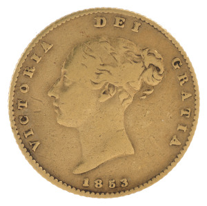 Coins - Great Britain: HALF SOVEREIGN: 1853 QV Young Head, KM #735.1, aFine.