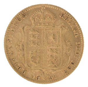 Coins - Great Britain: HALF SOVEREIGN: 1892 QV Jubilee Head/Shield, KM #766, aVF.