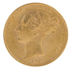 Coins - Australia: Sovereigns: QUEEN VICTORIA YOUNG HEAD/SHIELD: 1871(S), incused 'W.W.', aEF.