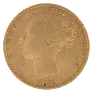 Coins - Australia: Sovereigns: QUEEN VICTORIA YOUNG HEAD/SHIELD: 1873(S), gFine.