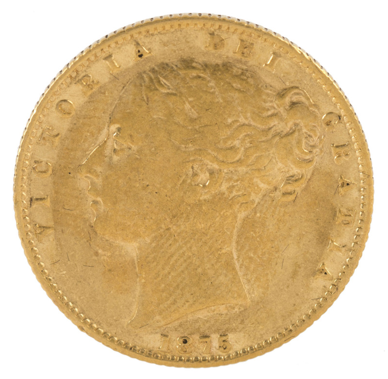 Coins - Australia: Sovereigns: QUEEN VICTORIA YOUNG HEAD/SHIELD: 1875(S), Fine.