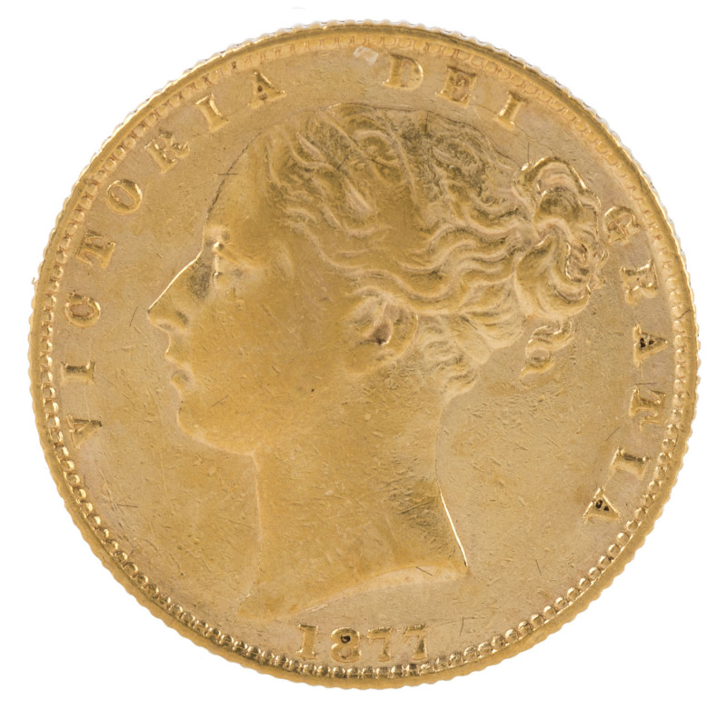 Coins - Australia: Sovereigns: QUEEN VICTORIA YOUNG HEAD/SHIELD: 1877(S), Fine.