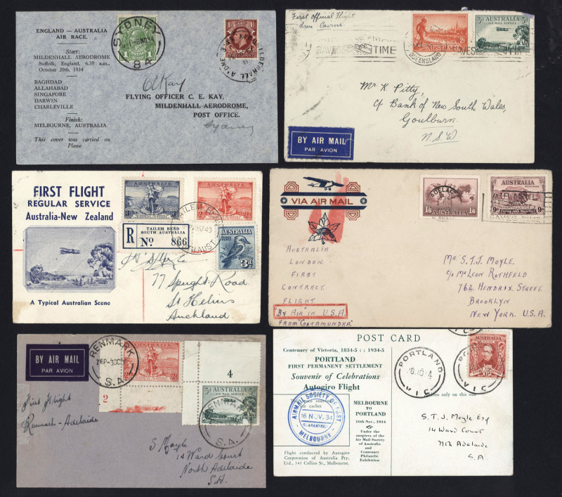 AUSTRALIA: Aerophilately & Flight Covers: 1933-40 group including 1934 MacRobertson Air Race cover (AAMC.438) signed by Kay (Cat. $150); 1934 Melbourne-Portland Autogiro Flight postcard (AAMC.461); 1936 (Oct.2) Adelaide-Renmark group (4) each cover with a