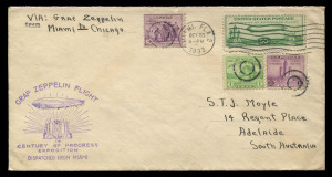 WORLD - General & Miscellaneous Lots: FIRST FLIGHT COVERS: World Array with USA 1933 Miami-Chicago Graf Zeppelin Flight franked with 50c Zeppelin; GREAT BRITAIN flights with 1936 British Airways England-Scandinavia service (2, one registered), 1938 London-Hong Kong 1st Weekly Air Service and London-Kano (Nigeria) first flight; NEW ZEALAND 1932 internal flights (3) each franked with 5d on 3d Air; SOUTH AFRICA 1938 KLM service to Holland with Voortrekker sets; AUSTRALIA 1960s-70s incl. Anniversary