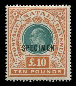 SOUTH AFRICA - Provinces: NATAL: 1902 (SG.145as) Edward VII £10 green & orange "POSTAGE & REVENUE" definitive overprinted SPECIMEN; superb o.g. Cat.£450.