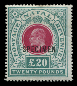 SOUTH AFRICA - Provinces: NATAL: 1902 (SG.145bbs) Edward VII £20 red & green "POSTAGE & REVENUE" definitive overprinted SPECIMEN; o.g. minor thin to perfs at top. Cat.£650.