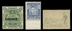 AUSTRALIA: General & Miscellaneous: 1913-1980s mostly MUH collection on Hagners including Engraved 6d Kooka (mint, private perfin), Victoria Centenary P.10 (partial offset on 1/-) & P.11½ sets, Macarthur, Anzac, Jubilee, SA Centenary sets, NSW Anniv set as singles and in blocks of 4, KGV 3d Die I & Die I 'White Wattles' (Cat.$400), Robes Thick Paper 5/- to £1, Arms 5/- to £1, plus 10/- to £2 optd set, Navigators 4/- to 10/-, also perf 'OS' 1½d Canberra, 3d Air & 1½d Canberra and Sturt set;