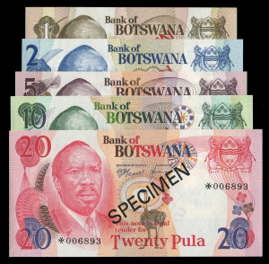 BANKNOTES - World: BOTSWANA: 1 pula to 20 pula set of 5 'SPECIMEN' banknotes, each note numbered '006893', in original Franklin Mint envelope; a/Unc.