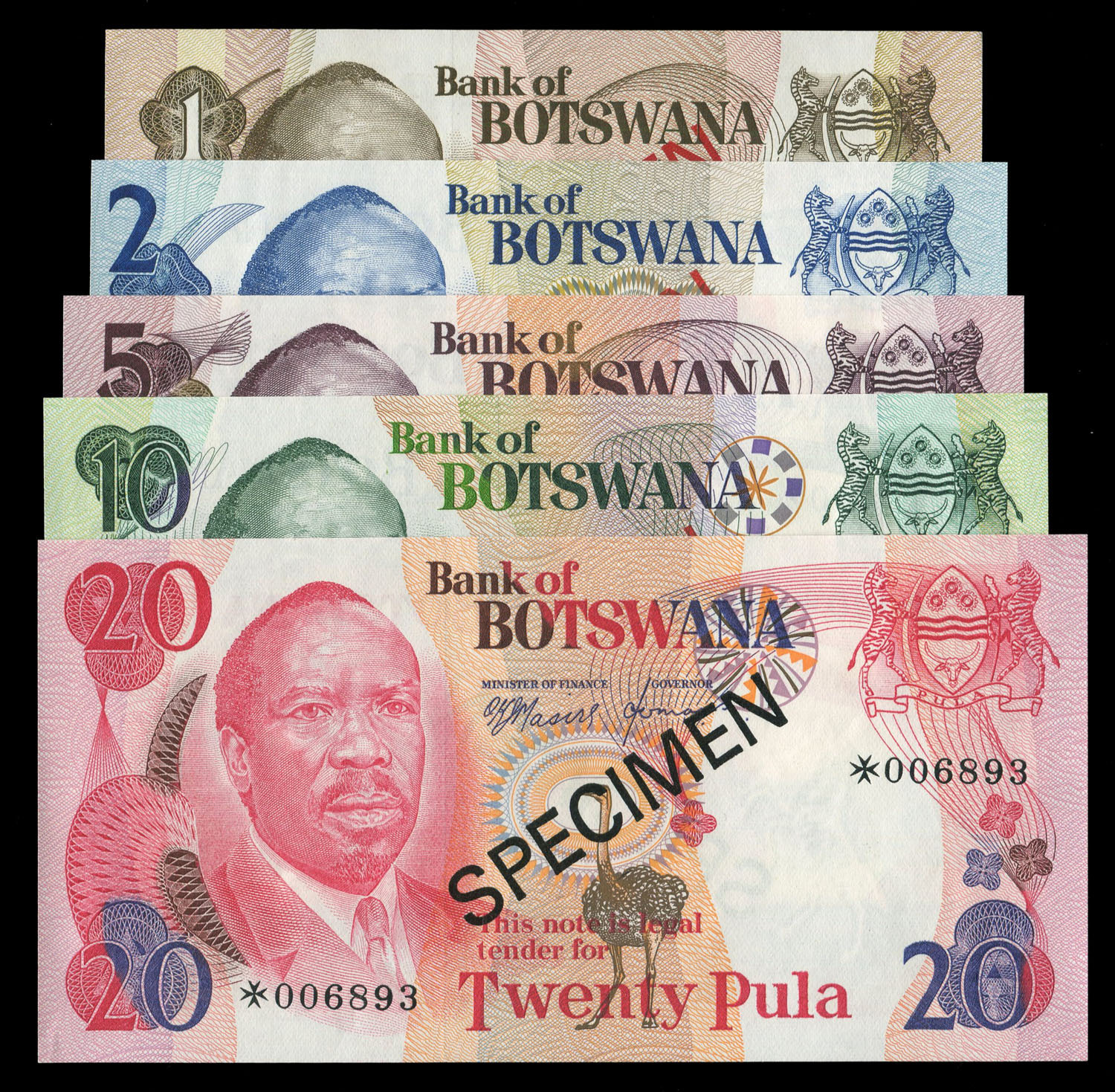 BANKNOTES - World: BOTSWANA: 1 pula to 20 pula set of 5 'SPECIMEN