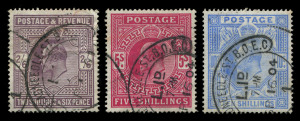 GREAT BRITAIN: 1902-10 (SG.260,263,& 265) KEVII 2/6d (slight wrinkles), 5/- & 10/- (faint tonespot), fine used with strong unfaded colours. Stamps appear to have originated from same piece, having identical timed (5/- & 10/-) 'THREADNEEDLE ST' (London) po