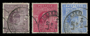GREAT BRITAIN: 1902-10 (SG.260,263,& 265) KEVII 2/6d (slight wrinkles), 5/- & 10/- (faint tonespot), fine used with strong unfaded colours. Stamps appear to have originated from same piece, having identical timed (5/- & 10/-) 'THREADNEEDLE ST' (London) po