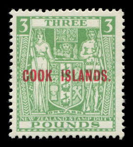 COOK ISLANDS: 1936-44 (between SG.116 & 123) Overprint selection comprising 2/- & 3/- Admirals (SG.116-17), £1 'Cowan Paper' Arms (SG.121) & £3 'Wiggins Teape Paper' Arms (SG.123b), fine mint, Cat. £600.