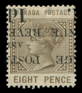 GRENADA: 1891 (SG.46.46b & 47) mostly mint Surcharge Selection comprising (Jan) 1d on 8d (2, one with under-inked stop after '1d') and used (3, with a pair, right-hand unit with under-inked stop after '1d'), 1d on 8d blocks of four and six comprising vertical tête-bêche pairs and 1d on 8d variety SURCHARGE INVERTED