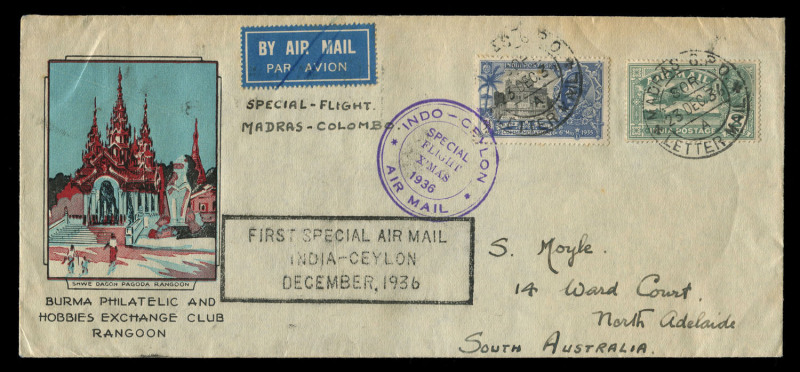 INDIA - Aerophilately & Flight Covers: FLIGHT COVERS: 1936 (Dec.23) Madras-Colombo Special Flight with Burma Philatelic and Hobbies Exchange Club (Rangoon) 'Pagoda' illustration; 'INDO-CEYLON/SPECIAL FLIGHT XMAS 1936/AIR MAIL' circular cachet in violet, b