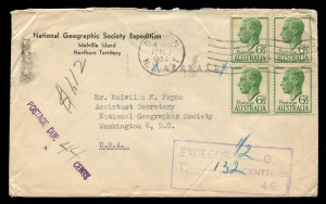 AUSTRALIA: Postal History: NORTHERN TERRITORY: 1954 (May.12) National Geographic Expedition (Melville Island) imprinted airmail cover to USA with KGVI 6½d green block of tied by DARWIN '12MAY/1954' machine cancel, underpaid with postage deficiency and 'POSTAGE DUE (mss '44') CENTS' handstamps, tad roughly opened.