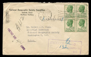 AUSTRALIA: Postal History: NORTHERN TERRITORY: 1954 (May.12) National Geographic Expedition (Melville Island) imprinted airmail cover to USA with KGVI 6&frac12;d green block of tied by DARWIN '12MAY/1954' machine cancel, underpaid with postage deficiency and 'PO