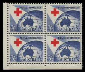 AUSTRALIA: Other Pre-Decimals: 1954 (SG.276var) 3½d corner block of 4 variety "Misplaced Cross", all units with the Red Cross breaching the blue background above, fresh MUH, Cat. $600+.