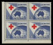 AUSTRALIA: Other Pre-Decimals: 1954 (SG.276var) 3&frac12;d corner block of 4 variety "Misplaced Cross", all units with the Red Cross breaching the blue background above, fresh MUH, Cat. $600+.