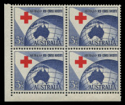AUSTRALIA: Other Pre-Decimals: 1954 (SG.276var) 3½d corner block of 4 variety "Misplaced Cross", all units with the Red Cross breaching the blue background above, fresh MUH, Cat. $600+.