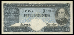 Banknotes - Australia: 'Star' Banknotes: 1960 (R50s) Coombs/Wilson QEII £5 STAR NOTE 'TC/12 77004', two pinholes along the light central fold, otherwise VF, Cat. $2500.