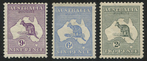 AUSTRALIA: Kangaroos - Collections & Accumulations: Mint selection with First Wmk 9d (disturbed gum), Second Wmk 2d (light toning) & Third Wmk 6d Blue Die II; mixed centring, Cat. $650. (3)