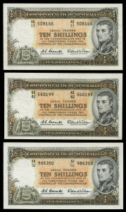 Banknotes - Australia: Pre-Decimal Banknotes: 1961 (R17) Coombs/Wilson QEII 10/- serial nos 'AG77/508166', 'AG82/560199' & 'AH52/986350', EF/aUNC. (3)