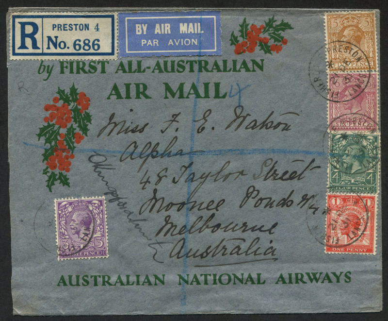 AUSTRALIA: Aerophilately & Flight Covers: 7-22 Jan.1932 (AAMC.245) England - Australia special "First All-Australian Air Mail" delayed Christmas registered flown cover from 'FISHERGATE PRESTON' to Melbourne with arrival backstamps and signed by the pilot,