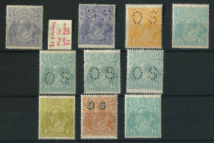 AUSTRALIA: KGV Heads - Collections & Accumulations: MINT SELECTION: with Single Wmk 3d pale dull blue Type A (flaw on top of '3' at right), 3d Type A & 4d both perf 'OS' and 1/4d (well centred MLH), plus three perf 'OS' examples (one MUH); SMult P14 4d Olive; CofA 5d (optd 'OS') & 1/4d.(MVLH); variable centring, generally fine, Cat. $1800+. (10)