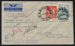 AUSTRALIA: Aerophilately & Flight Covers: 7 October 1935 (AAMC.537a) Canberra - Sydney - Darwin flown cover, carried by Holymans Airways, (New England Airways & Qantas) on the inaugural service from Melbourne via Canberra. A scarce example signed by the pilots, C.H. Scott and P.L. Taylor.