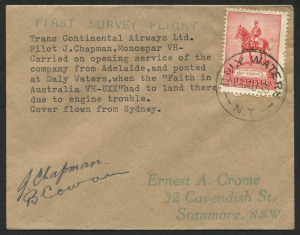 AUSTRALIA: Aerophilately & Flight Covers: 22 August 1935 (AAMC.523a) Daly Waters - Adelaide flown cover, carried by Australian Transcontinental Airways and signed by the pilots, J. Chapman and B. Cowan. A scarce intermediate.