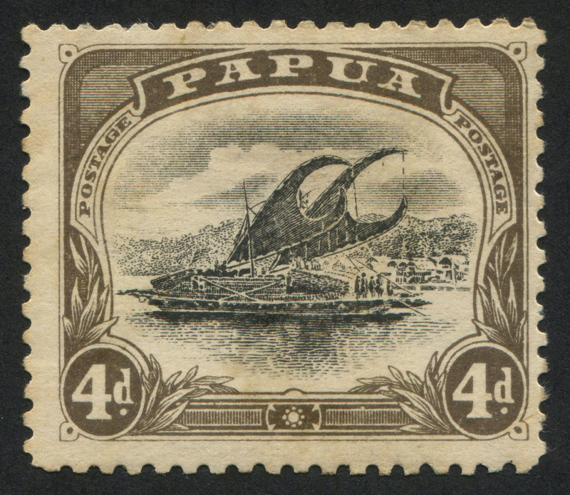 PAPUA: 1907-10 (SG.63a) Small 'PAPUA' Wmk Sideways P.11 4d black & sepia variety "Deformed 'd' at left" [pos.18], even toned gum, mint, Cat. £150.